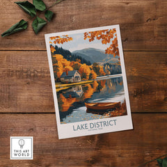 Lake District England Travel Print showcasing a serene autumn landscape with a lake and boat.