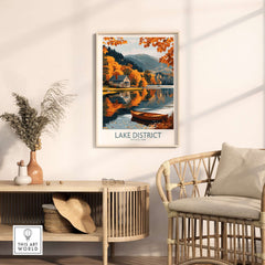Lake District England Travel Print showcasing vibrant autumn scenery and serene waters in a stylish home setting.