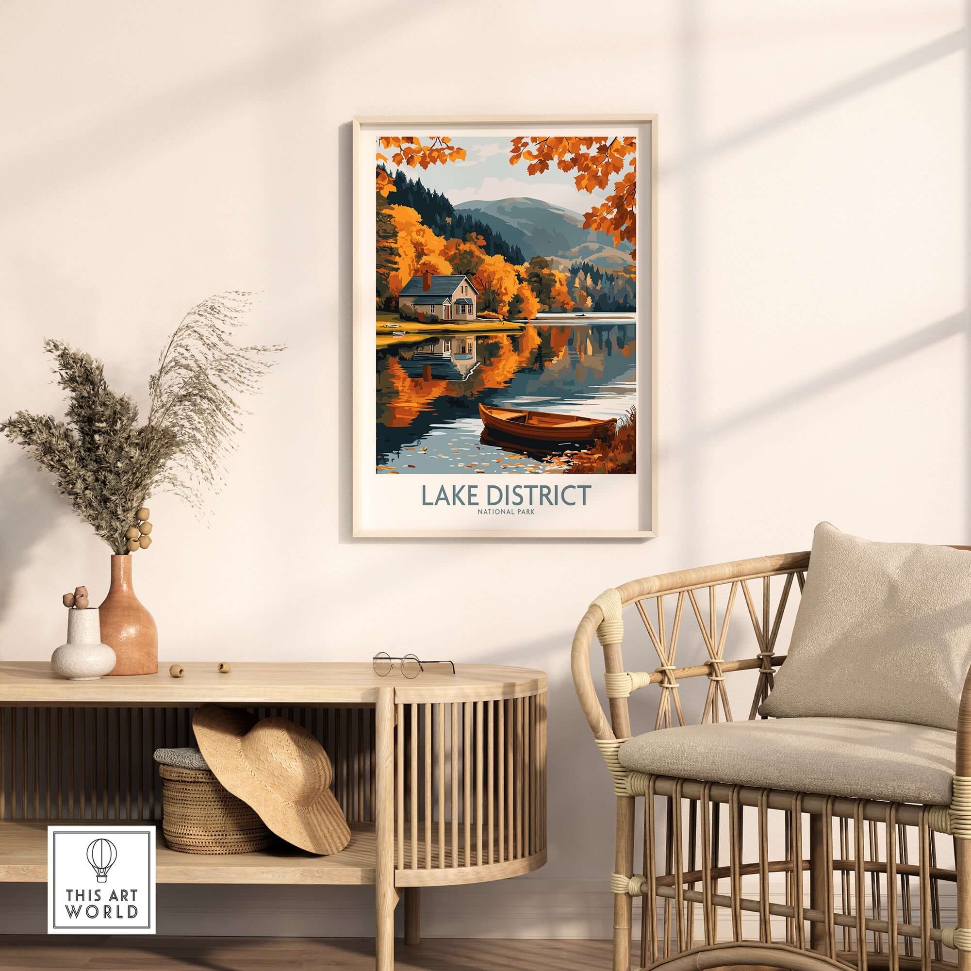 Lake District England Travel Print showcasing vibrant autumn scenery and serene waters in a stylish home setting.