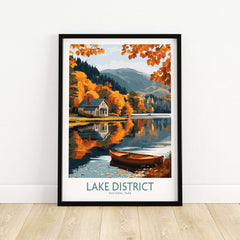Lake District England Travel Print featuring a scenic lake, autumn foliage, and a boat.