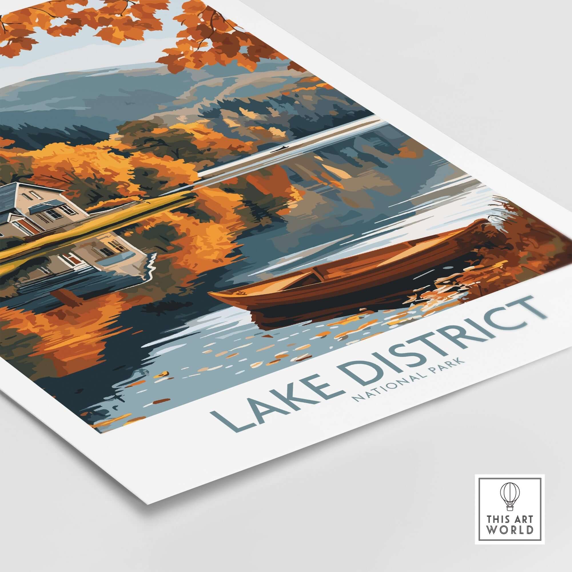 Lake District England Travel Print featuring vibrant autumn colors and serene lake landscape.