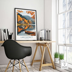Lake District England Travel Print featuring vibrant autumn colors and tranquil reflections in a stylish home office setting.