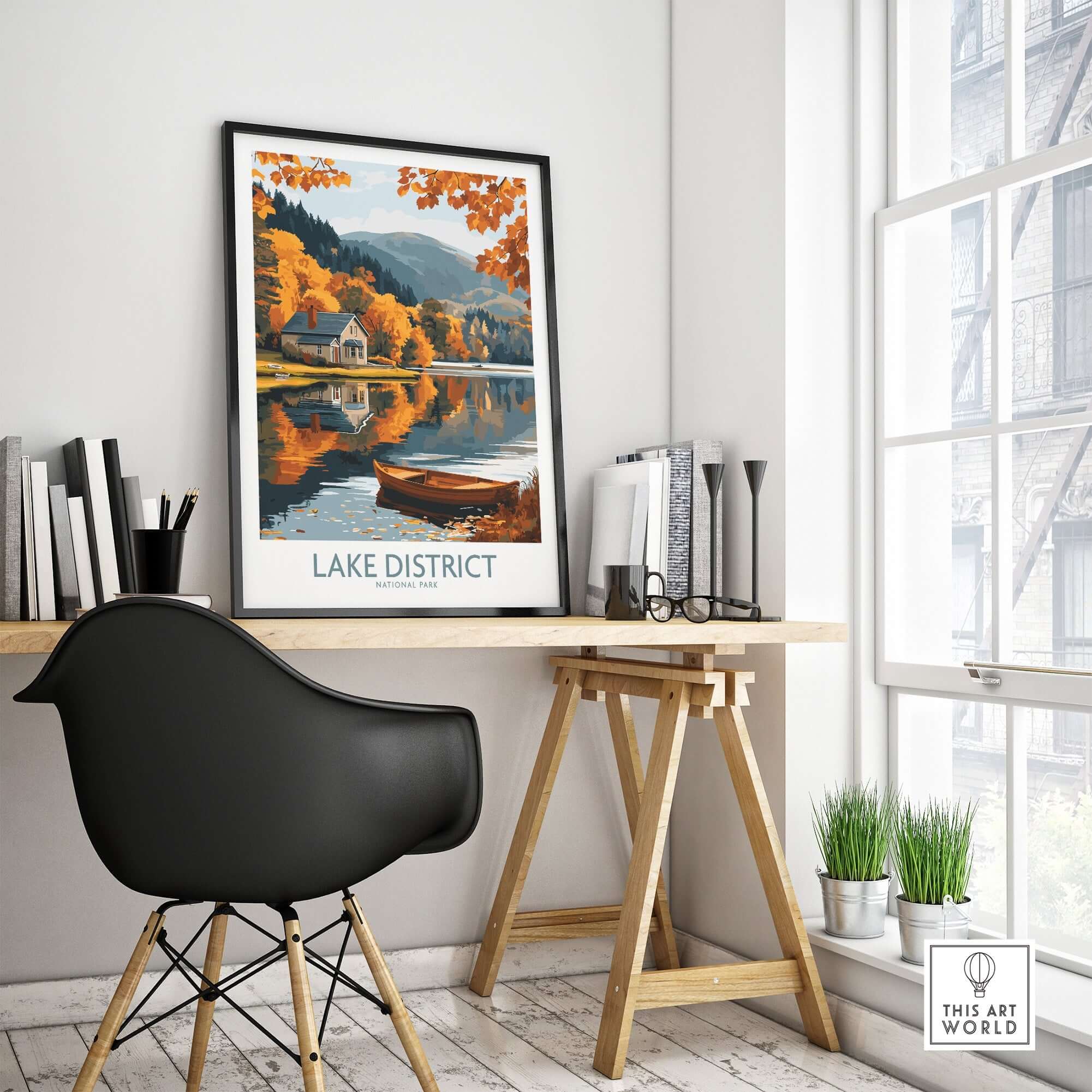 Lake District England Travel Print featuring vibrant autumn colors and tranquil reflections in a stylish home office setting.
