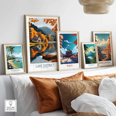 Lake District England Travel Print displayed among other travel prints in a stylish home setting.