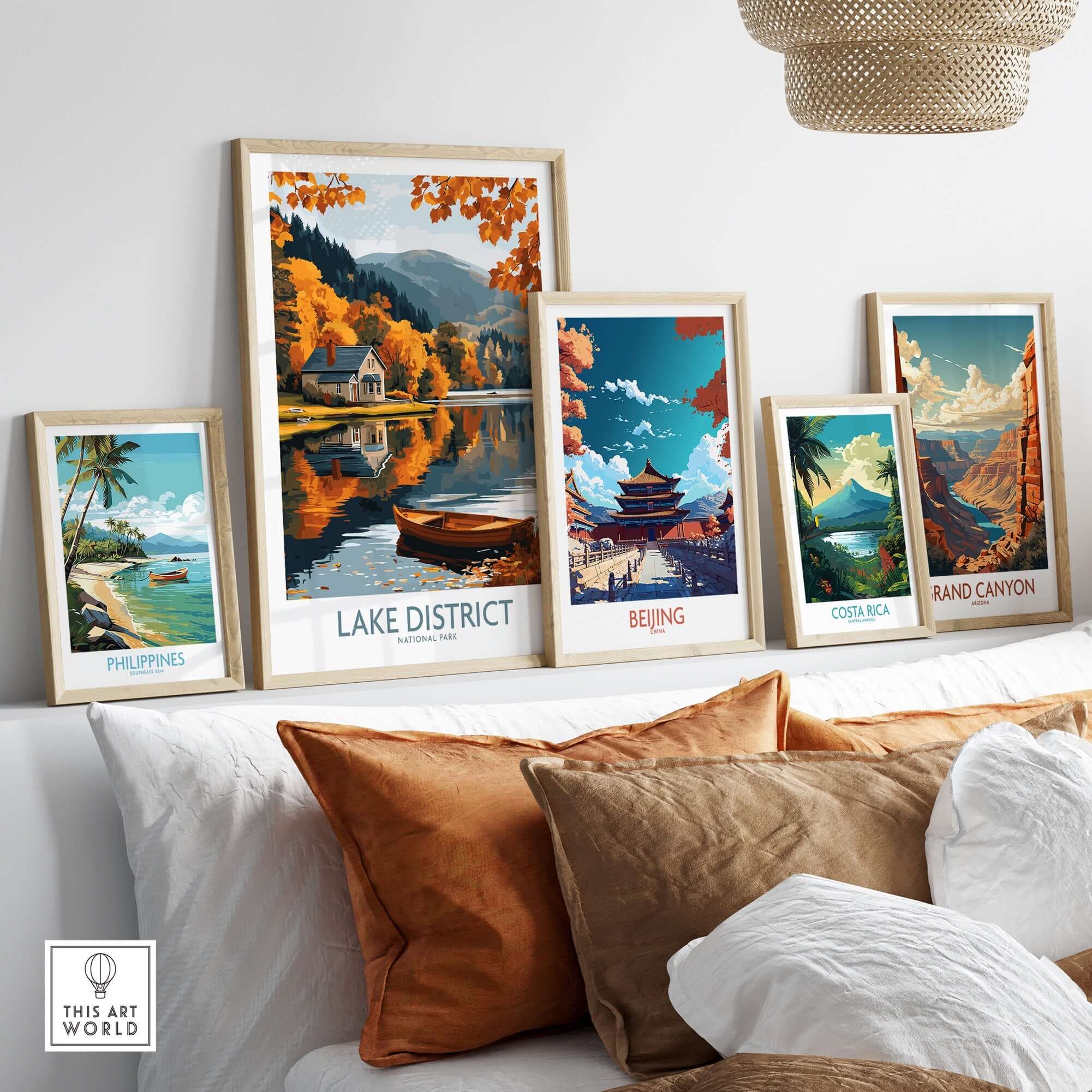 Lake District England Travel Print displayed among other travel prints in a stylish home setting.