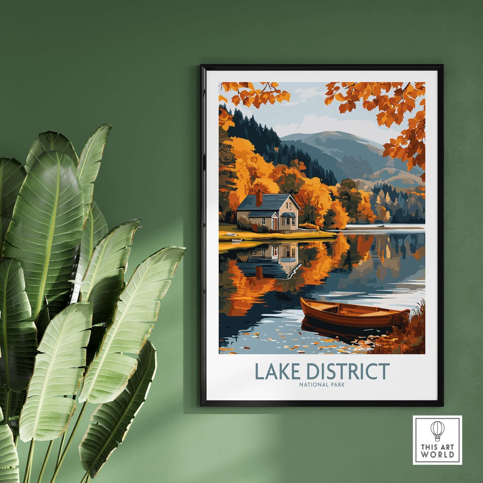 Lake District England Travel Print featuring vibrant autumn landscapes and a peaceful lake scene.