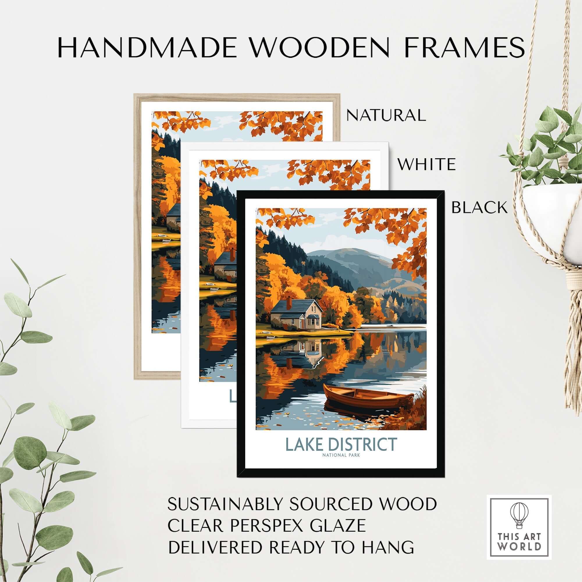 Handmade wooden frames for Lake District England Travel Print, featuring natural, white, and black styles.