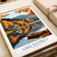 Lake District England Travel Print featuring a vibrant autumn landscape with a serene lake and a cozy house.