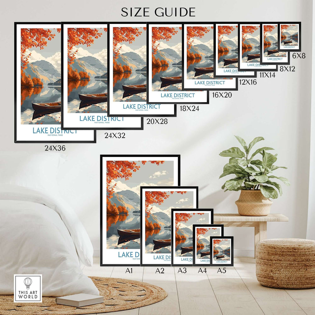 Size guide for Lake District England wall art prints displayed in various dimensions on a stylish interior backdrop.