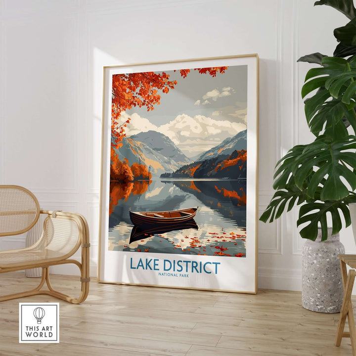 Lake District England wall art featuring a serene lake, autumn foliage, and a boat, enhancing home decor with natural beauty.