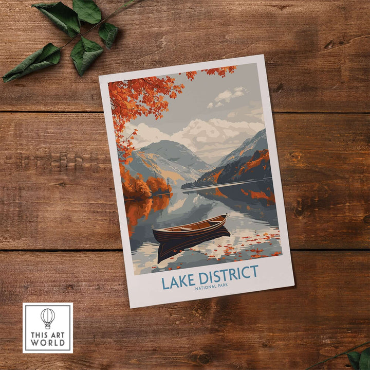 Lake District England wall art print featuring autumn scenery with a boat on calm waters, capturing nature's beauty.