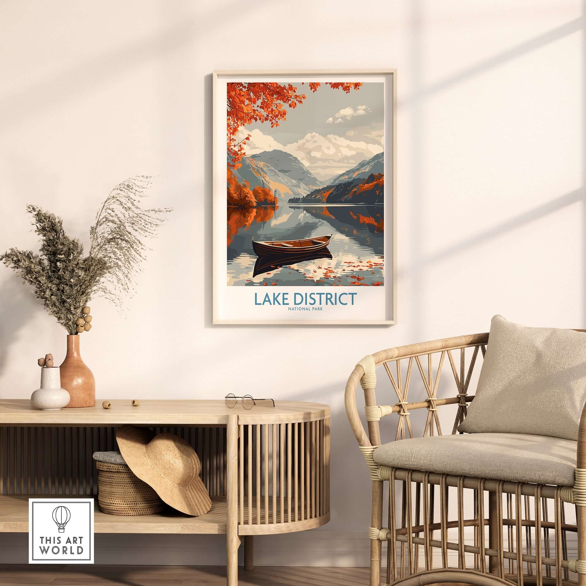 Lake District England Wall Art featuring a serene lake view with mountains and autumn foliage.