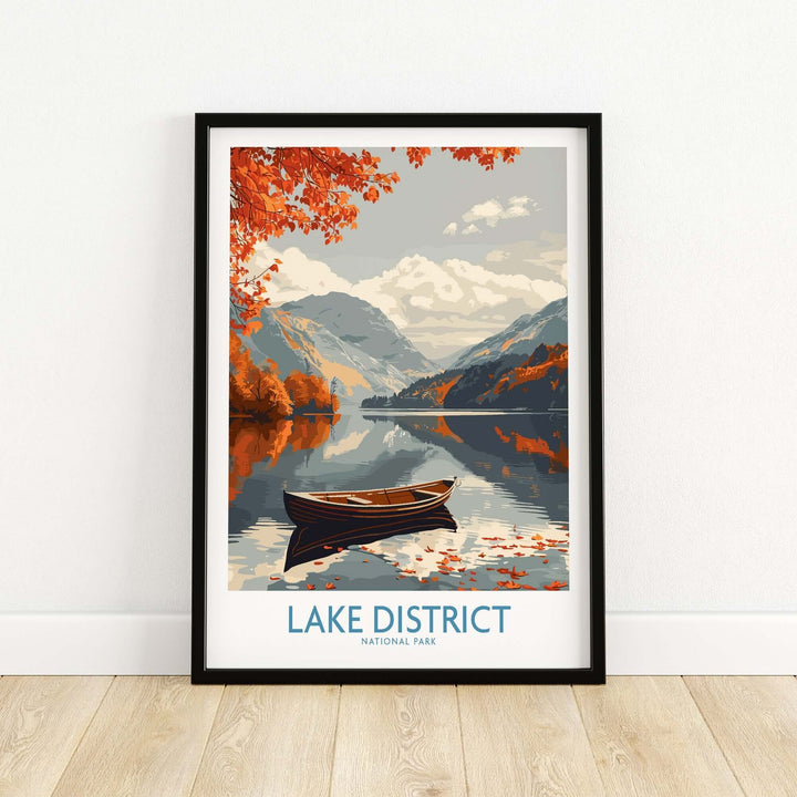 Framed Lake District wall art depicting a serene lake, a boat, and autumn foliage in vibrant colors.