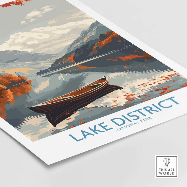 Lake District National Park wall art print featuring a tranquil lake with a boat and autumn foliage.