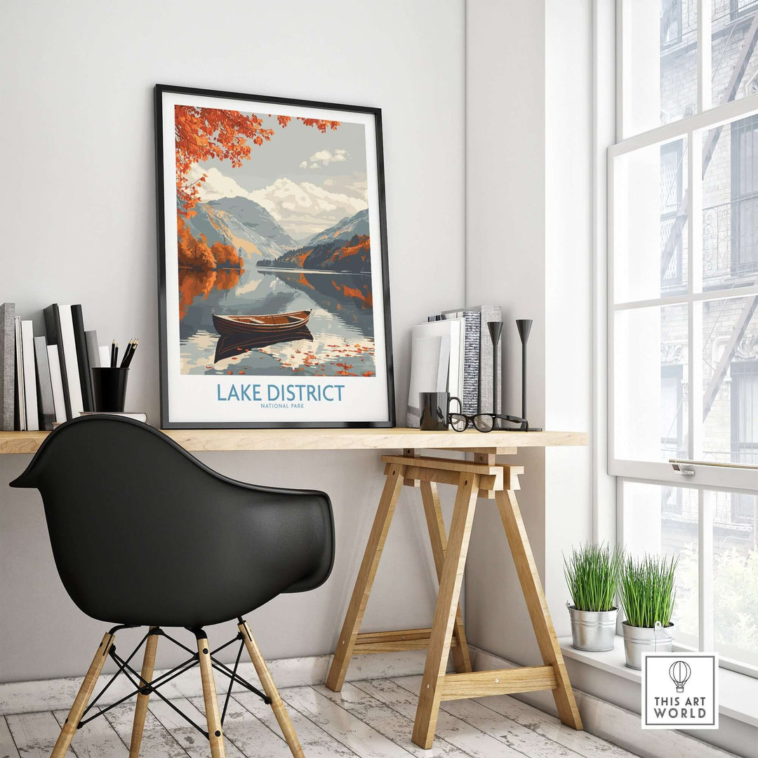 Lake District England wall art print displayed in a stylish home office setting with modern decor and natural lighting.