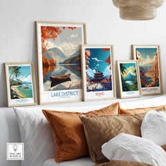 Lake District England Wall Art showcased among other travel-themed prints in a stylish home setting.
