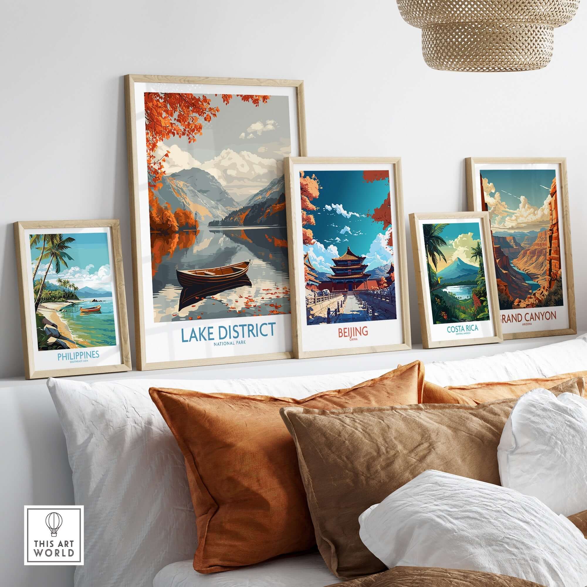 Lake District England Wall Art showcased among other travel-themed prints in a stylish home setting.