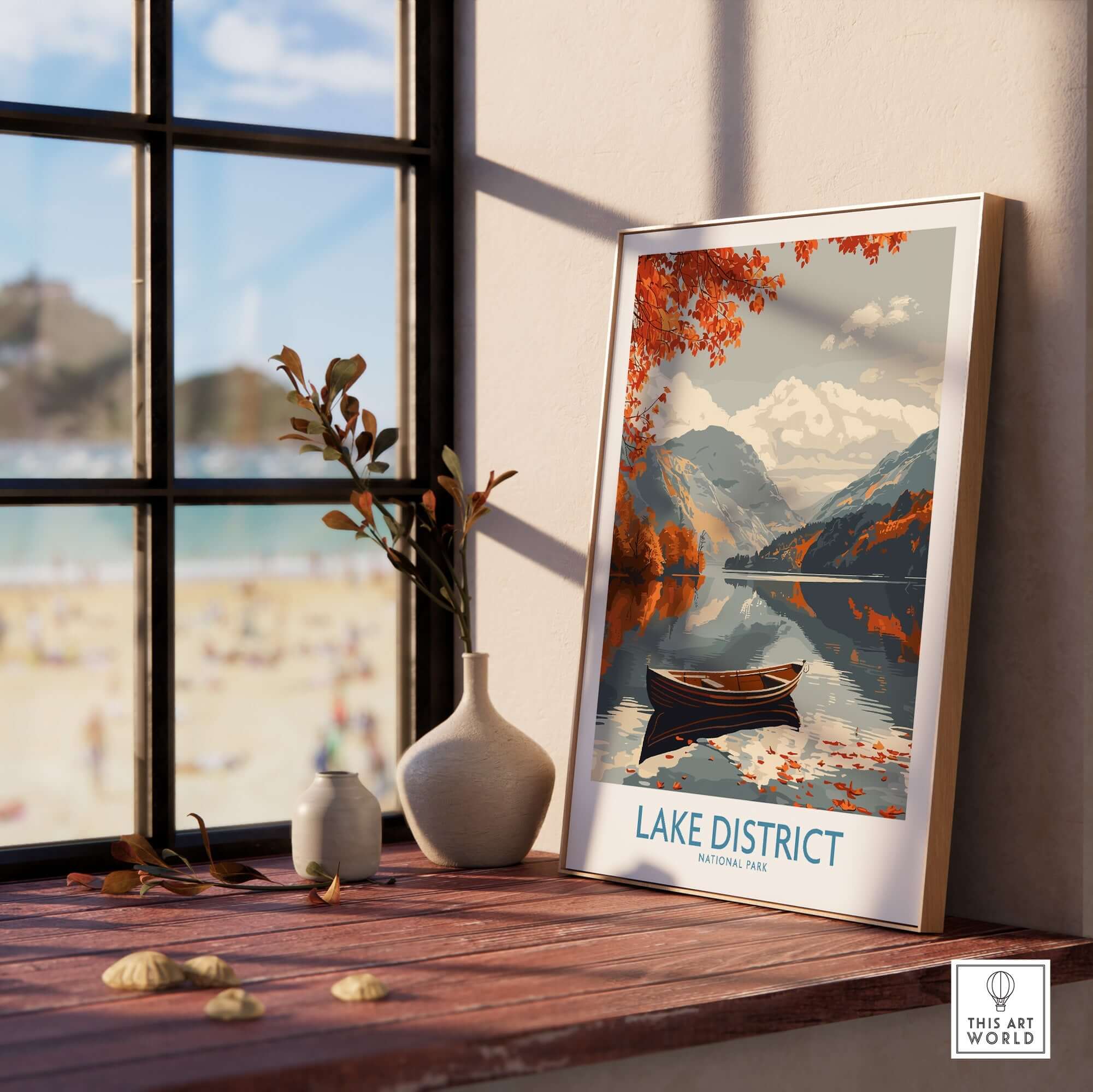 Lake District England Wall Art featuring a boat on a serene lake surrounded by autumn foliage.