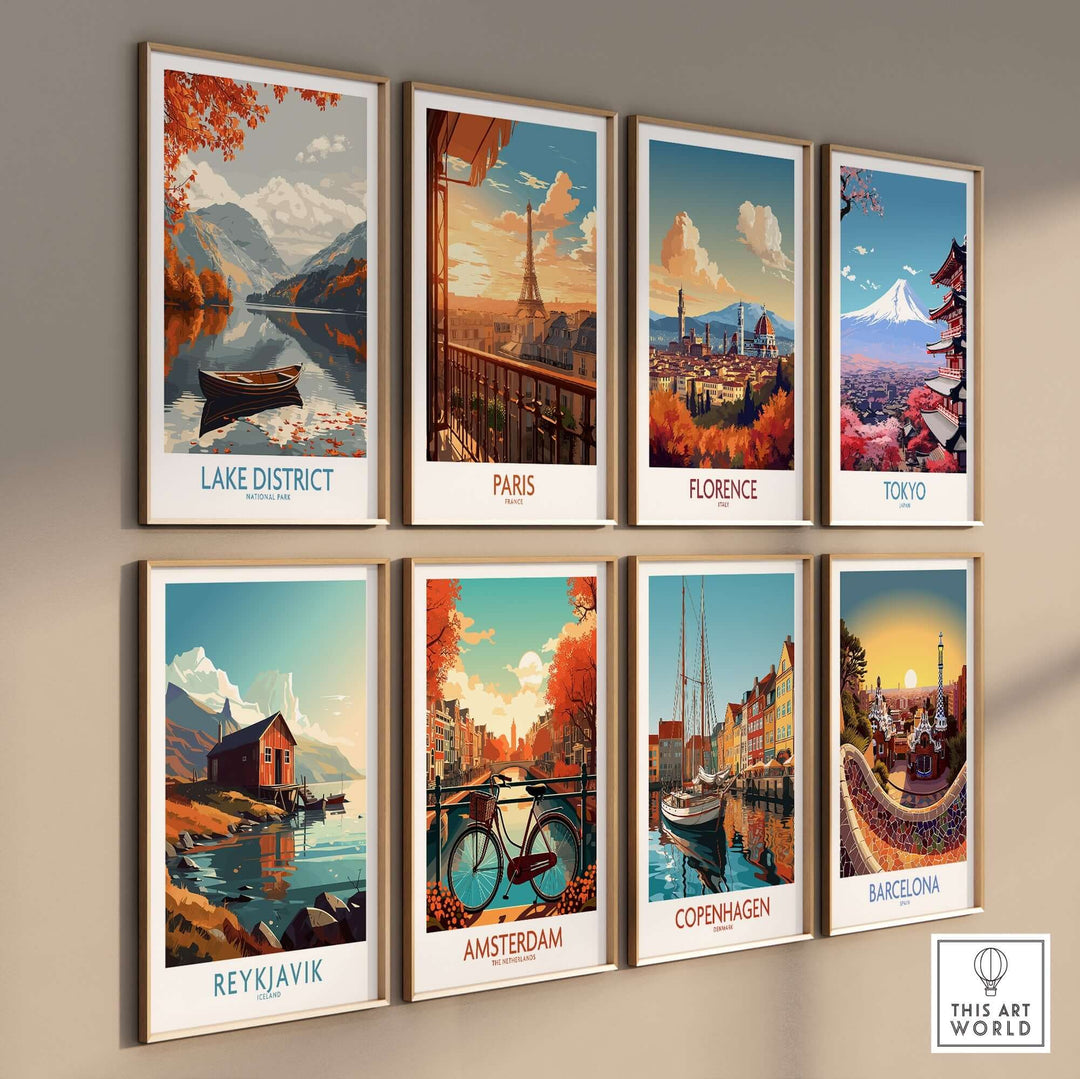 Collection of scenic wall art prints featuring landmarks from Lake District, Paris, Florence, Tokyo, Reykjavik, Amsterdam, Copenhagen, and Barcelona.