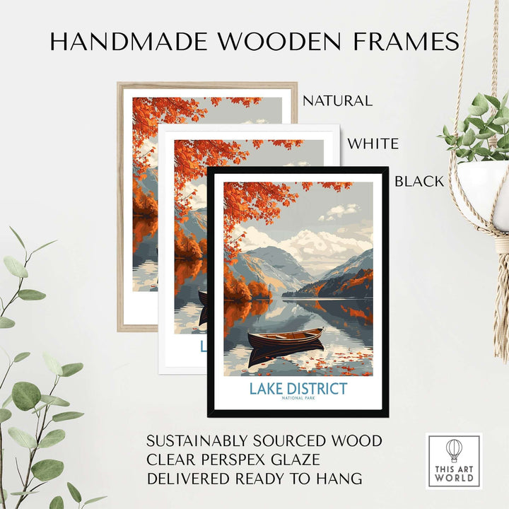 Handmade wooden frames for Lake District wall art in natural, white, and black finishes, sustainably sourced and ready to hang.