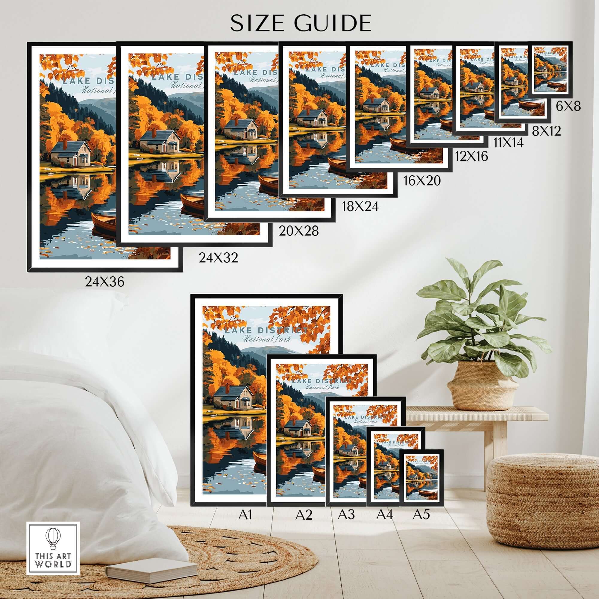 Lake District Poster size guide showcasing various frame sizes for the stunning Lake District artwork.