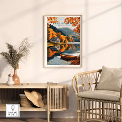 Lake District Poster featuring autumn scenery with a serene lake and colorful foliage in a modern living space.