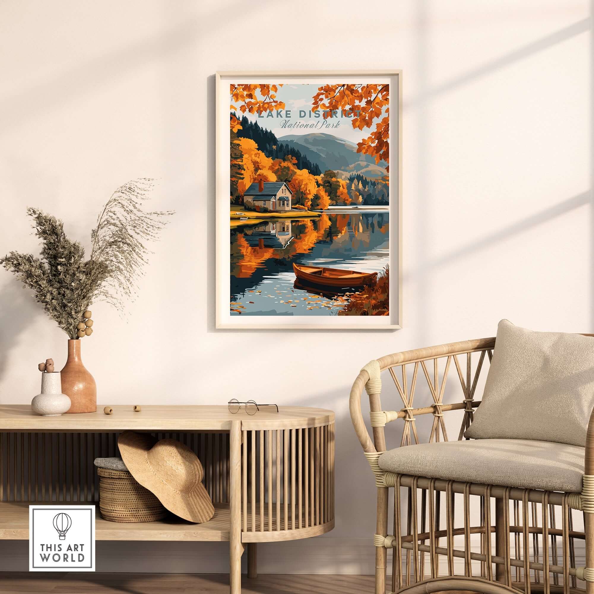 Lake District Poster featuring autumn scenery with a serene lake and colorful foliage in a modern living space.