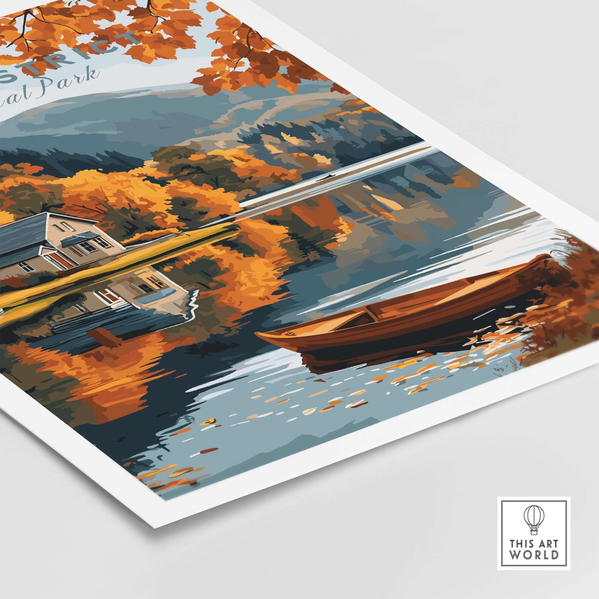 Lake District Poster showcasing vibrant autumn leaves and tranquil lake view with boat.