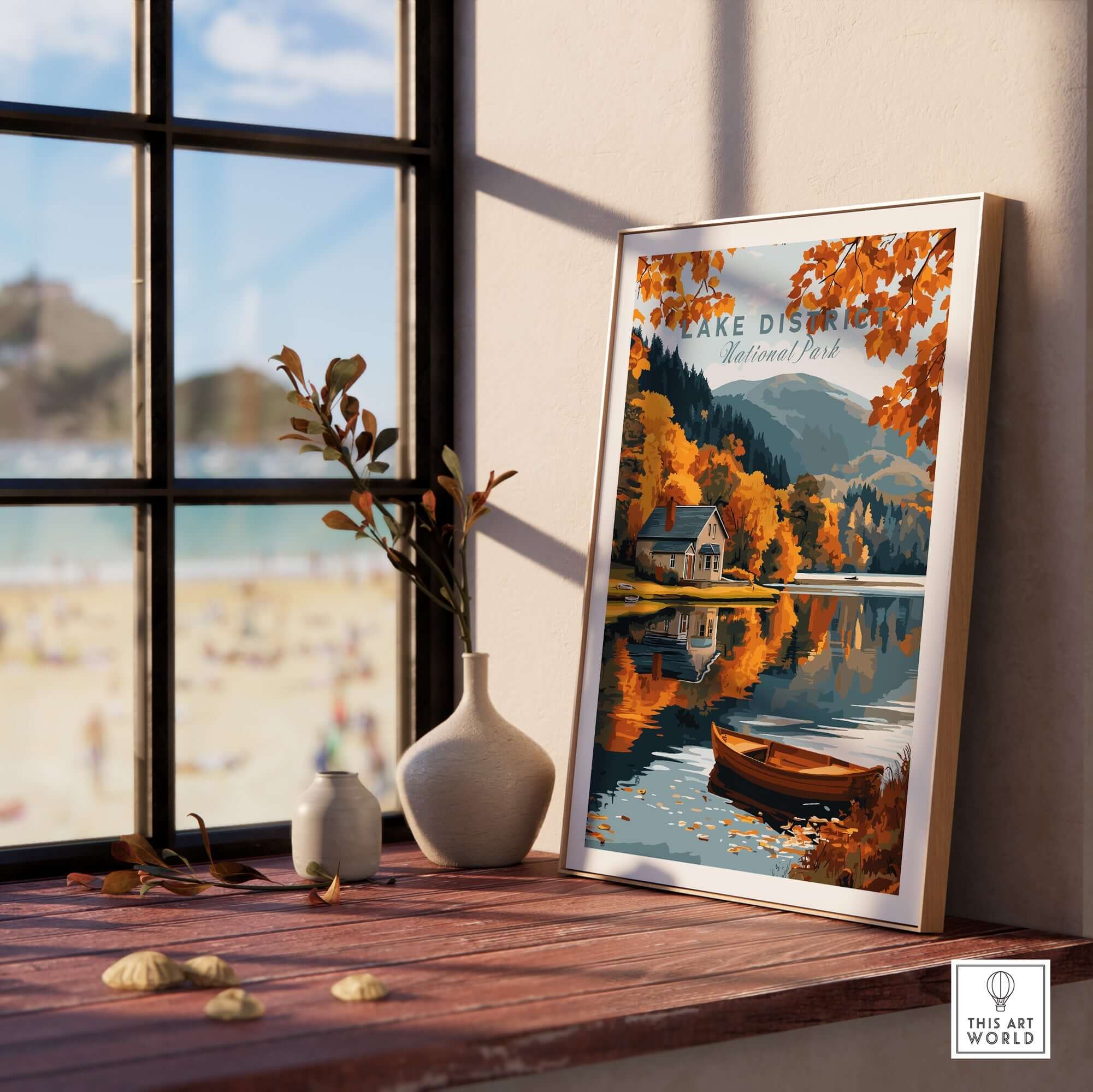 Lake District Poster featuring a beautiful autumn scene with a boat and reflections on water.