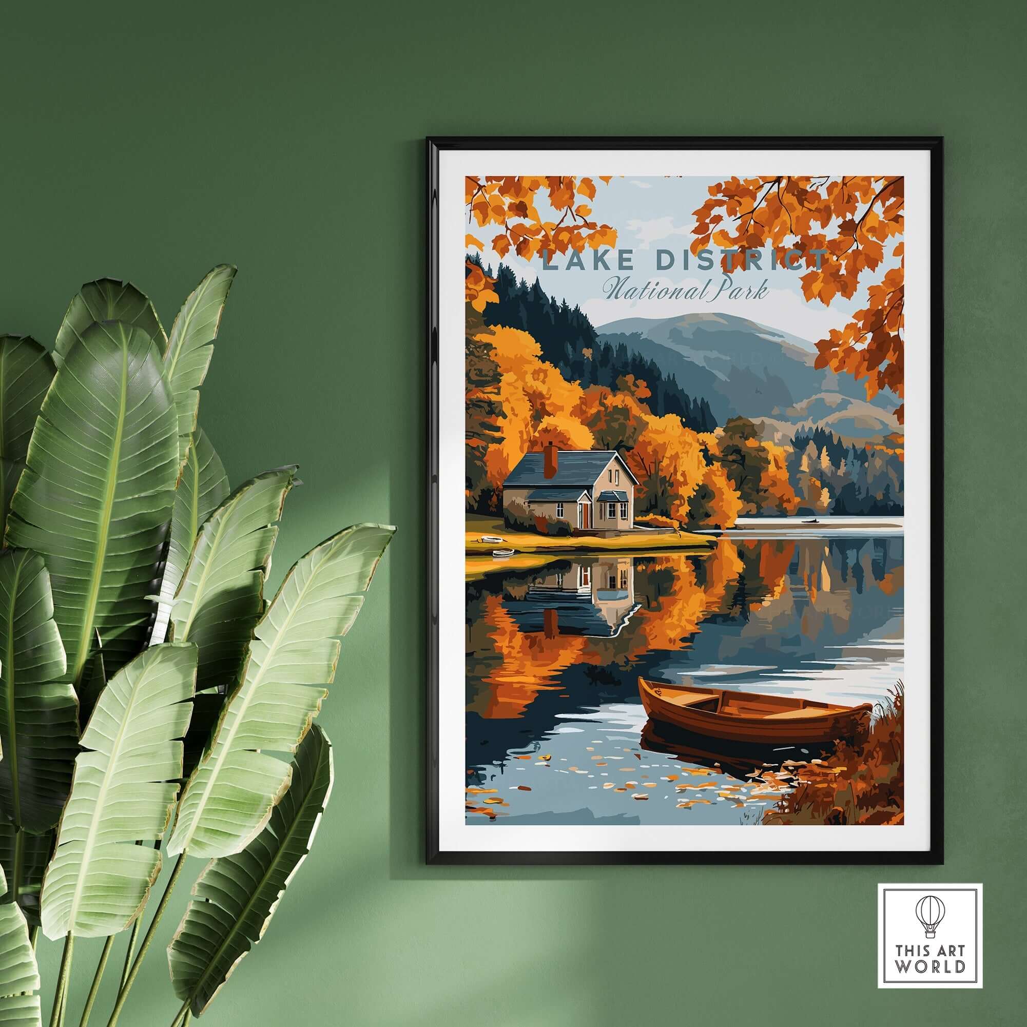 Lake District Poster featuring a scenic view of Lake District National Park with autumn colors and a boat.