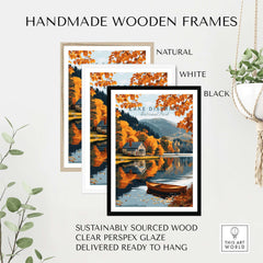 Lake District Poster displayed in handmade wooden frames in natural, white, and black finishes.