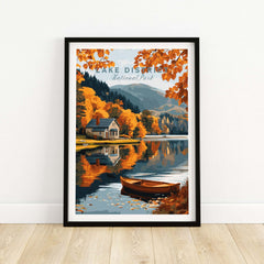 Lake District Poster showcasing a scenic view of a lake and autumn foliage in the Lake District National Park.