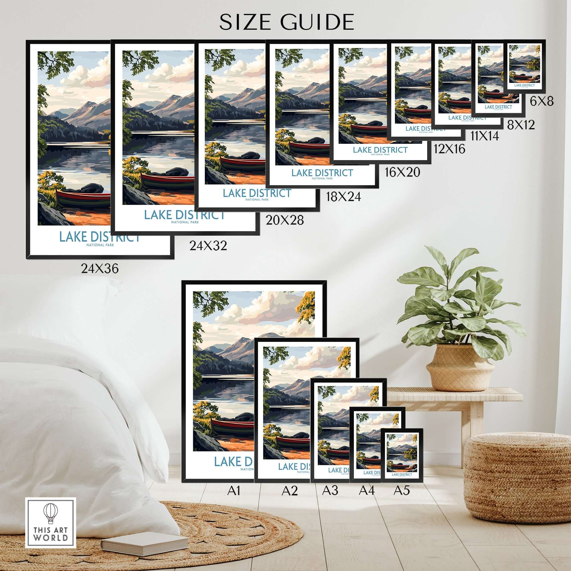 Lake District Print size guide showcasing various dimensions and framing options for home decor.