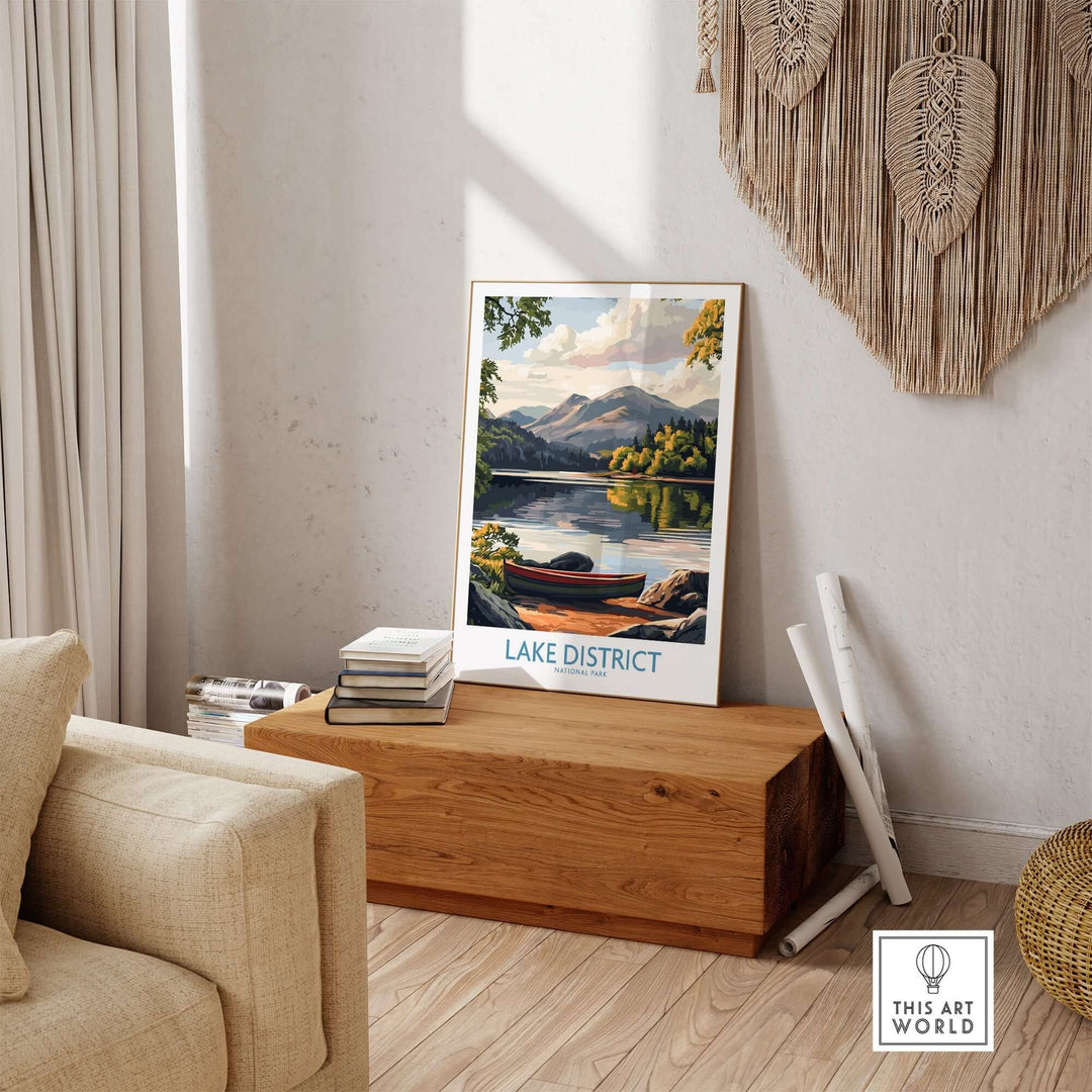 Lake District print showcasing serene lake views and mountains, enhancing cozy home decor with vibrant colors.