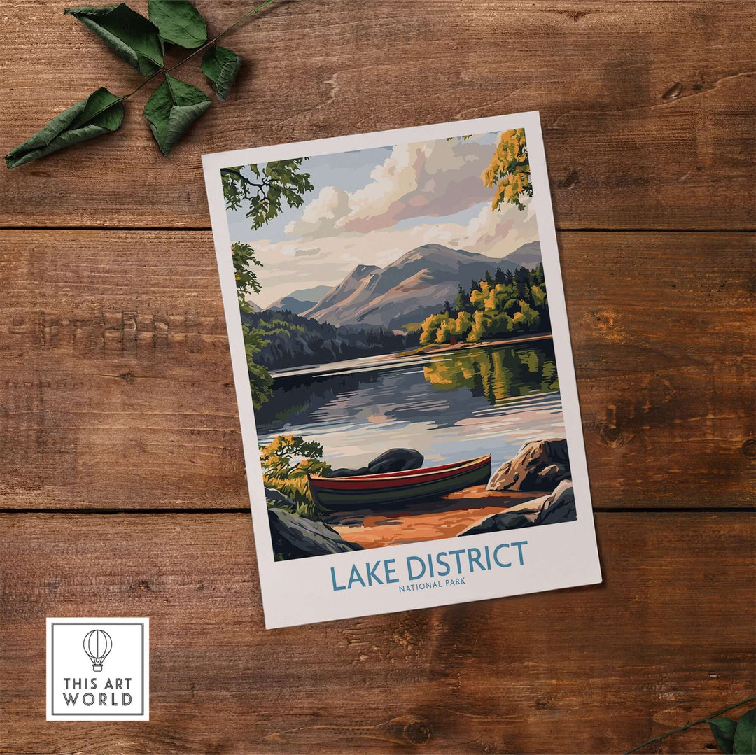 Lake District print showcasing a serene landscape with mountains, trees, and a calm lake, perfect for home decor.