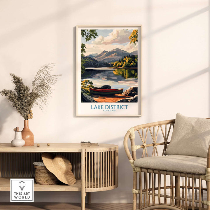 Lake District Print showcasing serene lakeside scenery with mountains, perfect for home decor.