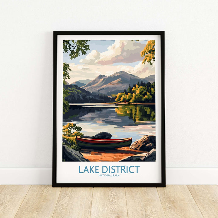 Lake District Print showcasing serene lake, mountains, and a colorful boat framed for home decor.