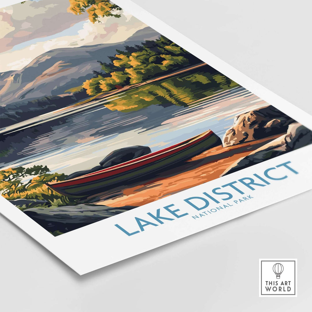 Lake District print showcasing a serene landscape with a boat, mountains, and colorful trees reflecting in the water.