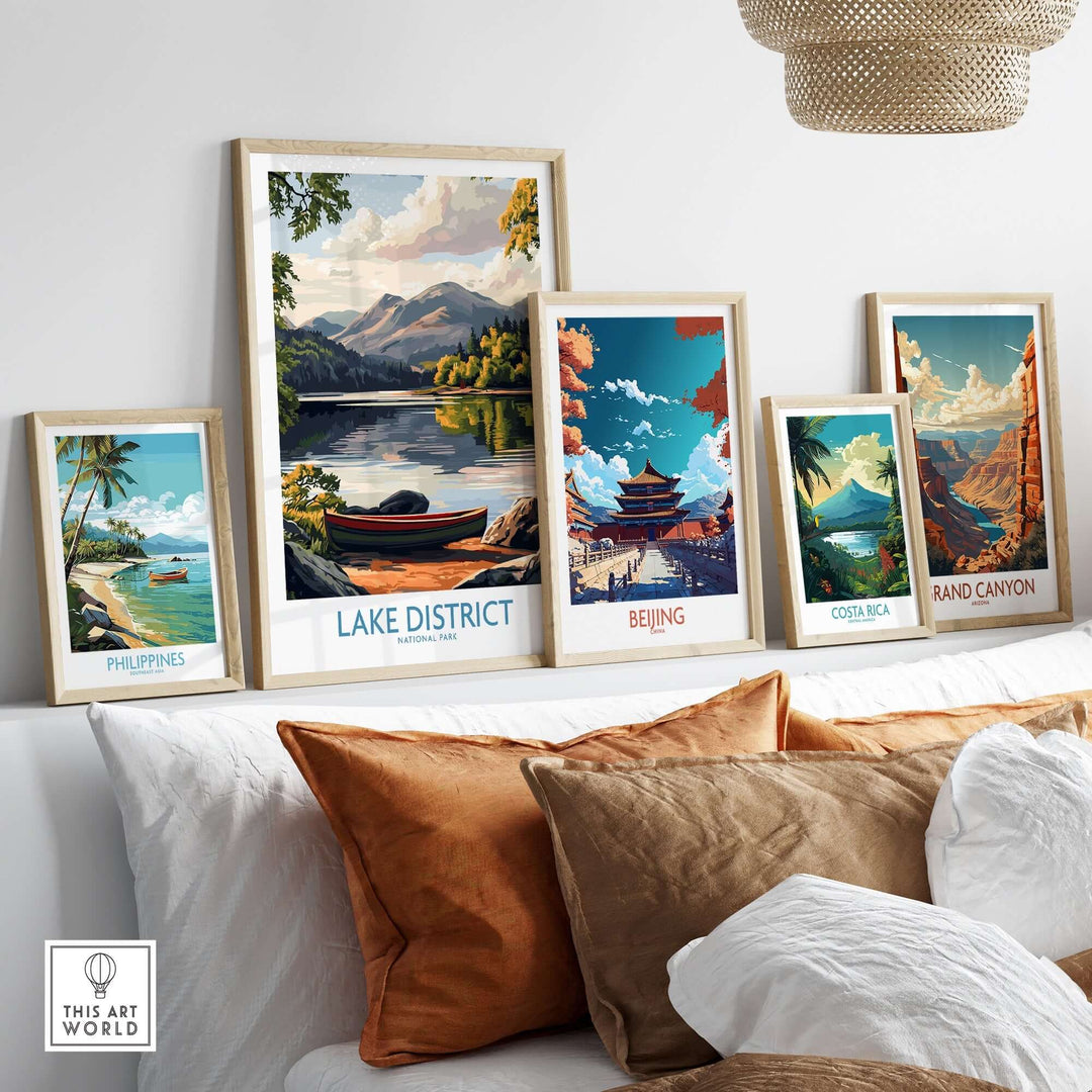 Framed Lake District print among other travel artworks, showcasing vibrant landscapes and home decor inspiration.