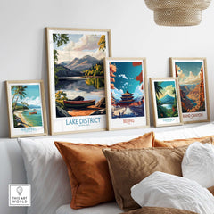 Lake District Print framed among other travel-inspired prints showcasing beautiful landscapes.