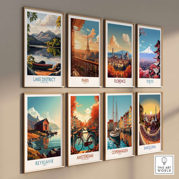 Eight vibrant travel art prints including Lake District, Paris, Florence, Tokyo, Reykjavik, Amsterdam, Copenhagen, and Barcelona.