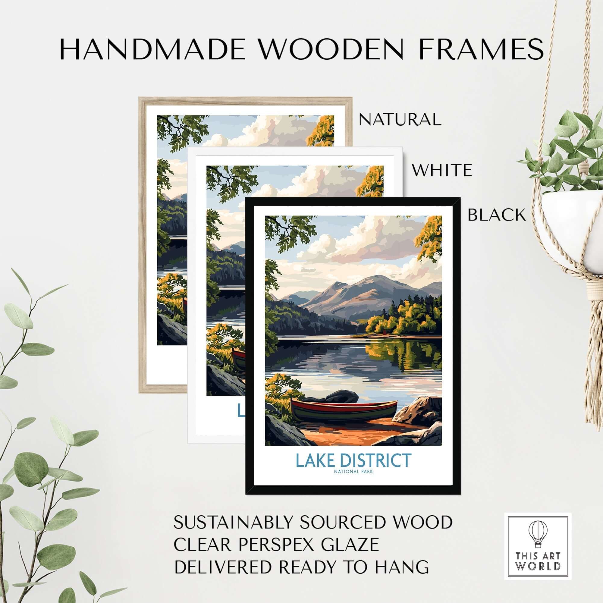Handmade wooden frames showcasing the Lake District Print in natural, white, and black options, ready to hang.