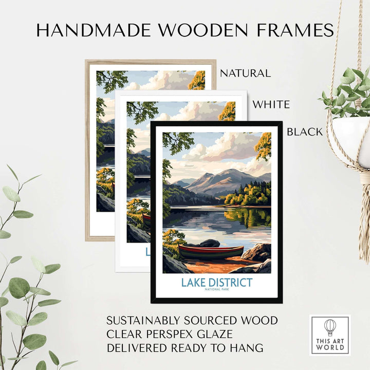 Handmade wooden frames in natural, white, and black styles for Lake District print, sustainably sourced and ready to hang.