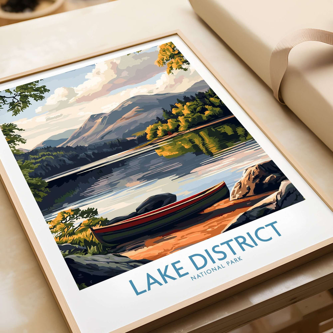 Lake District print featuring a serene lake view, mountains, and a vibrant canoe, perfect for home decor.