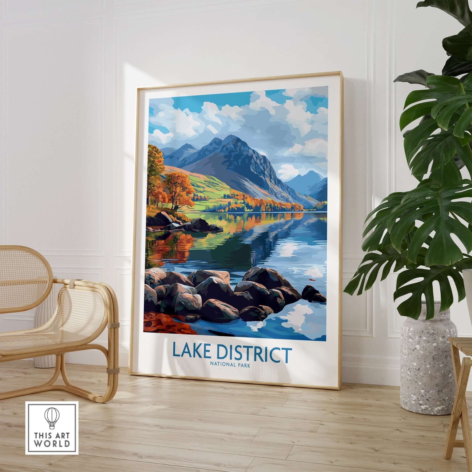 Lake District Travel Poster showcasing vibrant landscape and serene lake views in a stylish living room setting.
