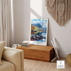 Lake District Travel Poster featuring stunning views and vibrant colors in a cozy room setting.