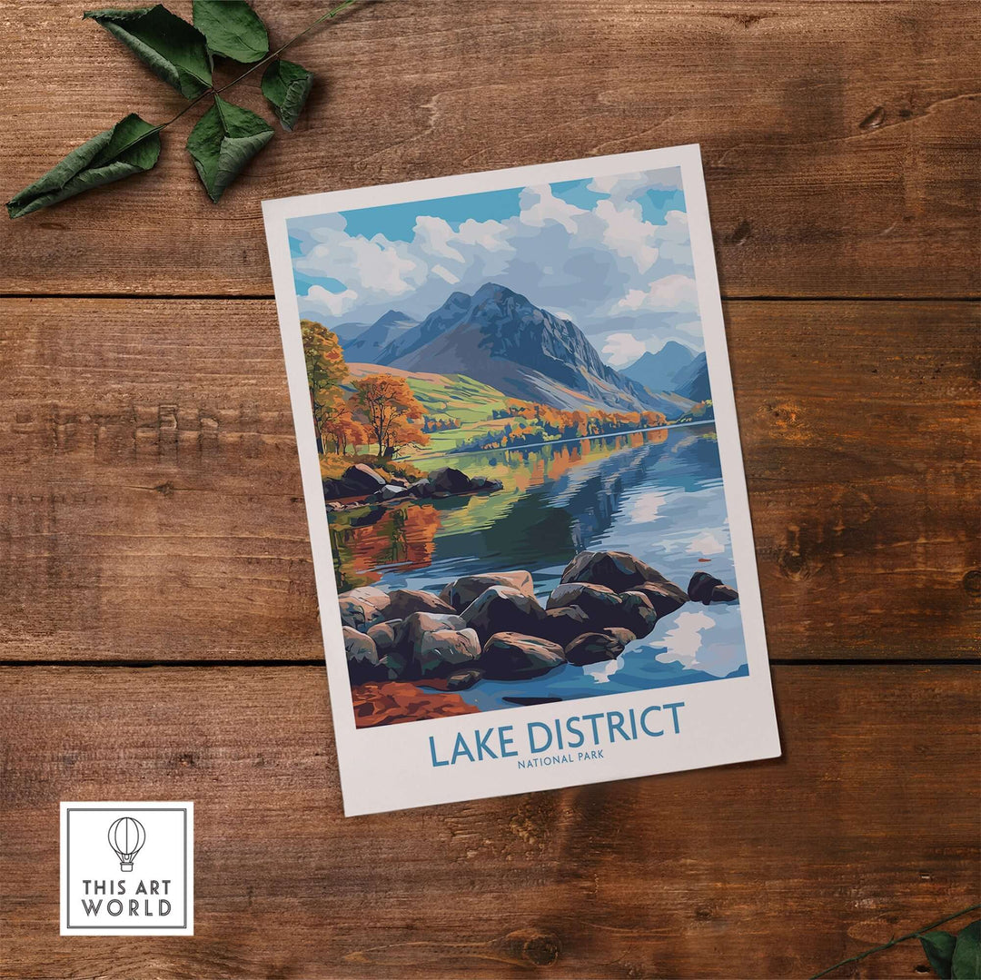 Lake District travel poster showcasing mountains, colorful trees, and serene waters, perfect for nature lovers.