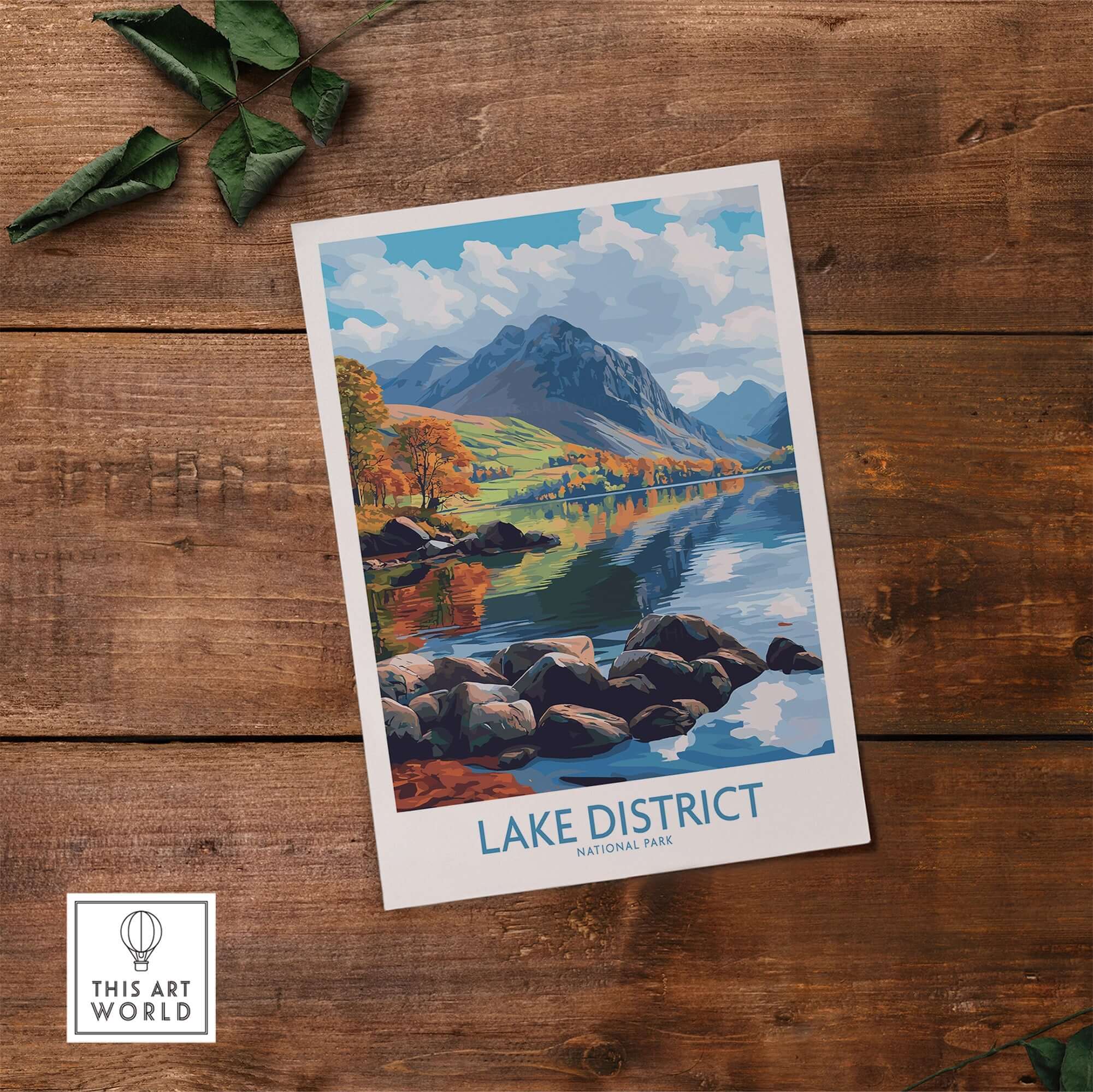 Lake District Travel Poster showcasing stunning mountains and calm waters of the Lake District National Park.