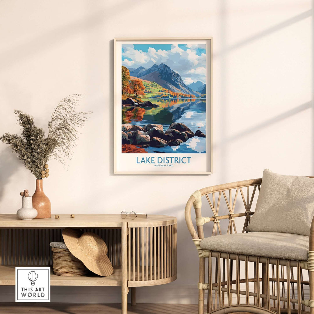 Lake District travel poster showcasing vibrant landscapes in a cozy living room setting.