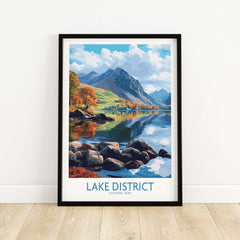 Lake District Travel Poster showcasing vibrant scenery of mountains and reflections in water.